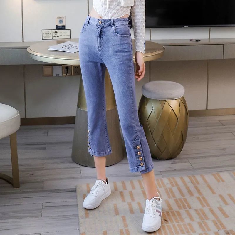 Slit cropped jeans women's summer thin section 2023 new large size high waist slim elastic slim eighth cigarette pants