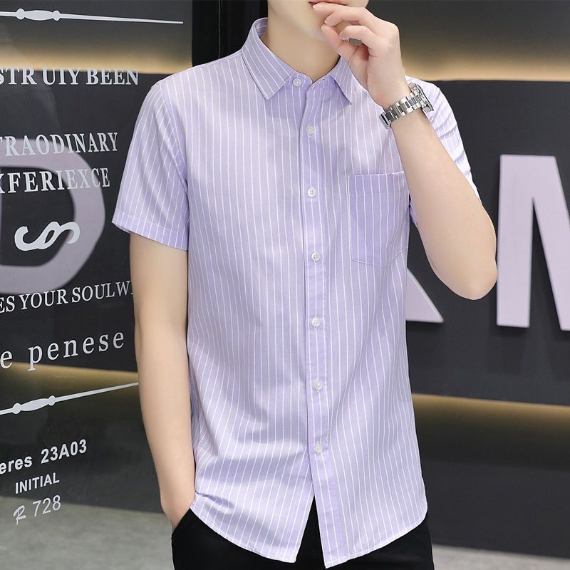 WEISINU/Hong Kong style handsome short-sleeved shirt men's non-iron anti-wrinkle slim fit all-match summer striped men's shirt