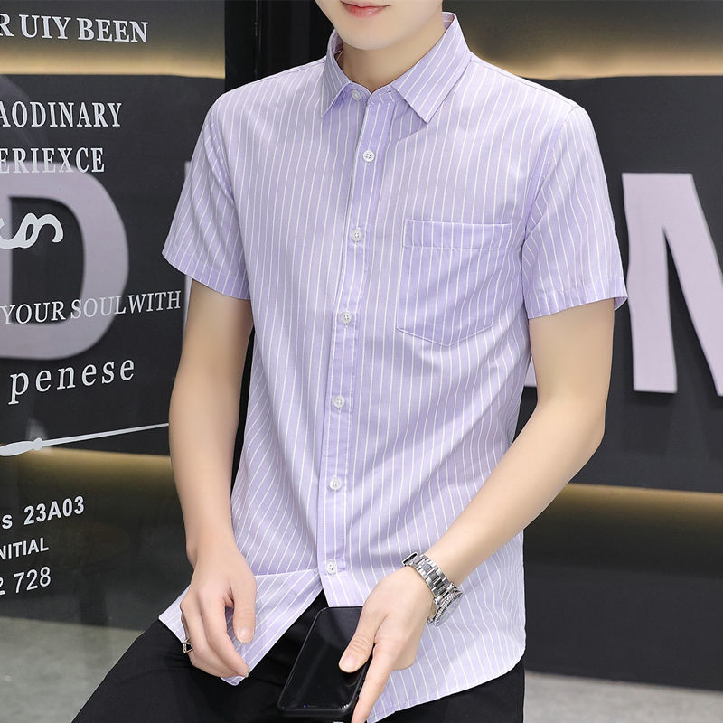WEISINU/Hong Kong style handsome short-sleeved shirt men's non-iron anti-wrinkle slim fit all-match summer striped men's shirt