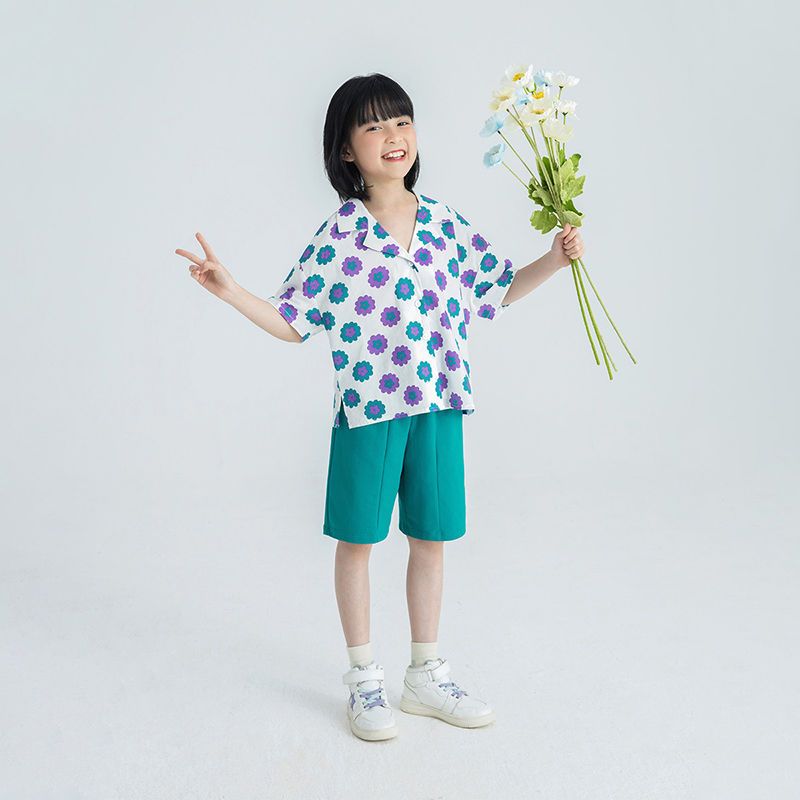 Inman children's clothing girls floral shirt Hong Kong style cotton children's short-sleeved shirt super cool pull sister girl baby top summer