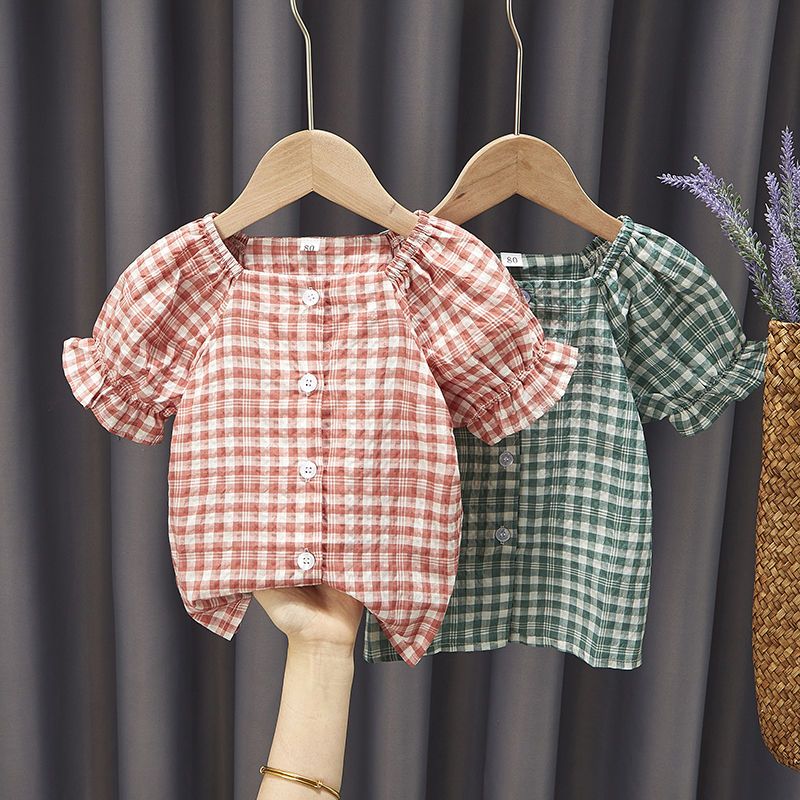 Baby Girl Summer Plaid Tops Western Style Princess Shirts Children Summer Clothes Thin Cardigan Short Sleeves Lantern Sleeves