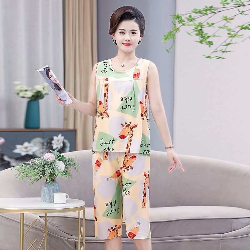 Summer new pajamas women's cotton silk home service suit middle-aged mother man-made cotton sleeveless shorts two-piece outerwear