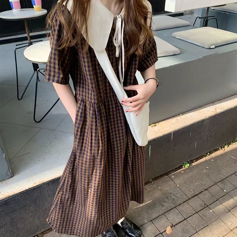 Small doll collar plaid dress female  summer new niche first love French retro long skirt