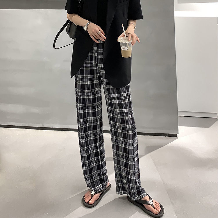 Pleated plaid pants women's high waist straight loose summer new thin section Korean casual straight wide leg pants ins tide
