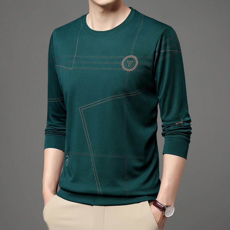  spring and autumn long sleeve ice silk T-shirt middle-aged and elderly Korean version new round neck sweater elastic bottomed shirt thin style