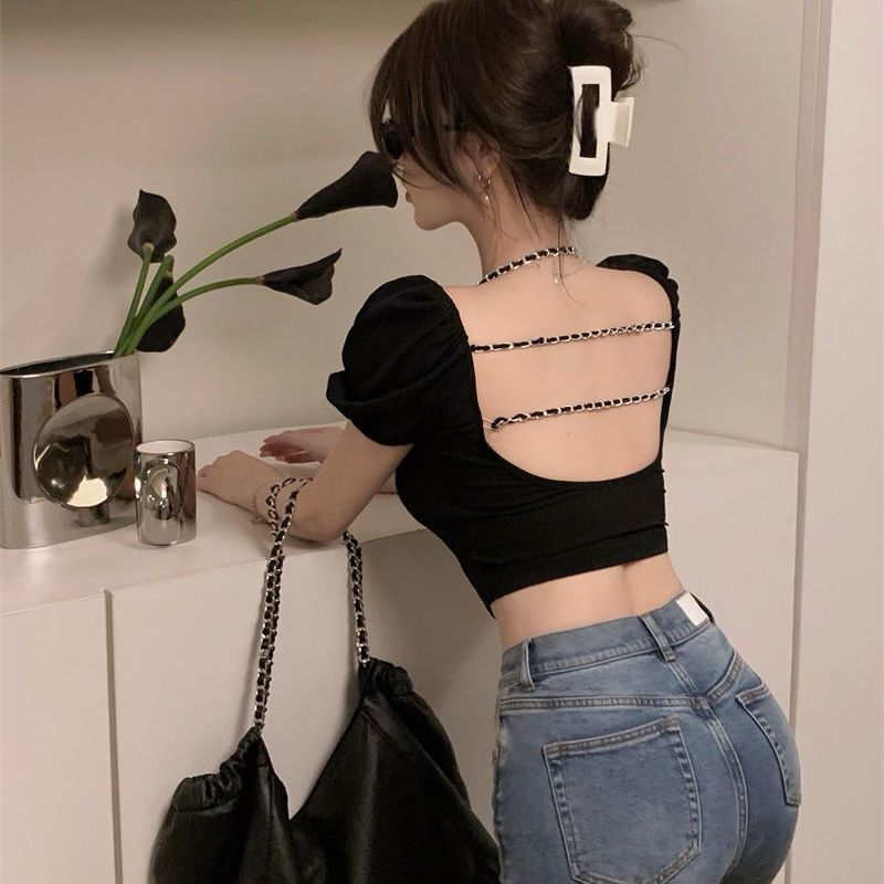 Sexy backless short tops for women  summer new design niche chic short-sleeved hottie t-shirt trend