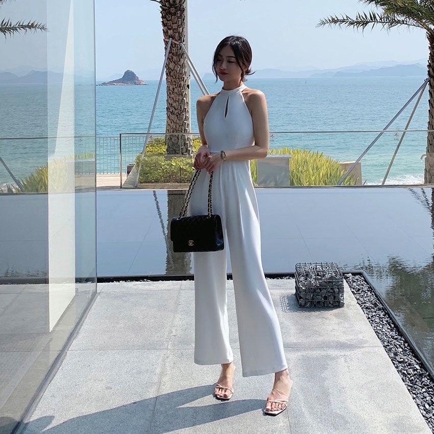 Fashionable Hong Kong style thin halter neck jumpsuit summer temperament goddess fan jumpsuit high waist wide leg casual trousers for women