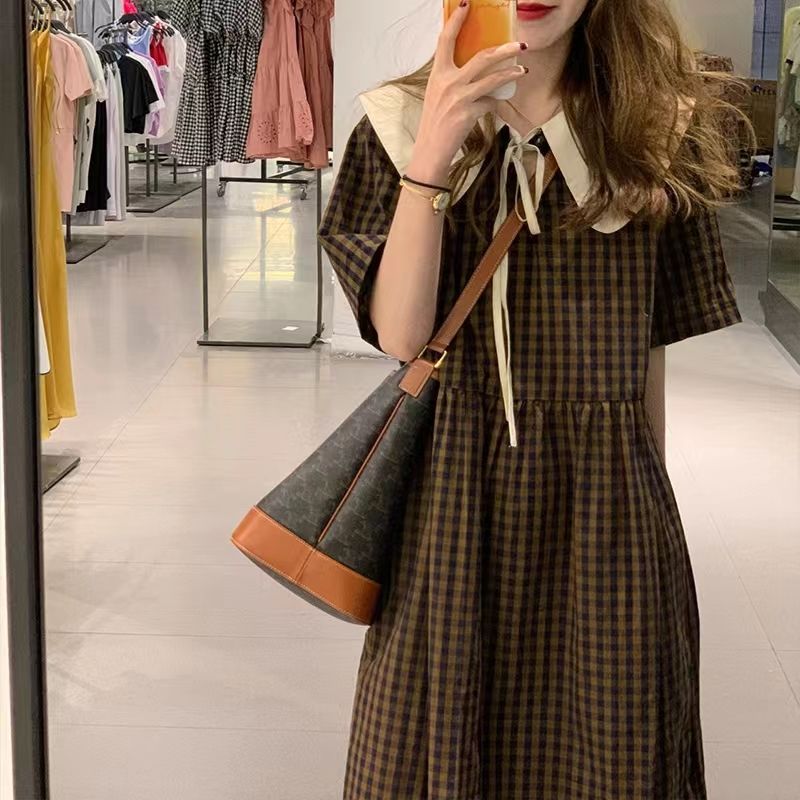 Small doll collar plaid dress female 2023 summer new niche first love French retro long skirt