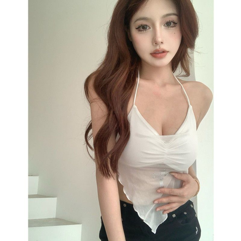 Irregular high-waist mesh hottie anti-exposure small suspender female summer pure desire sweet and spicy vest halter neck halter top