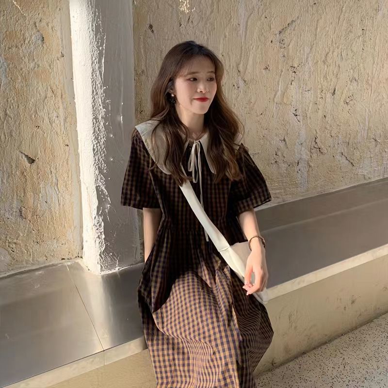 Small doll collar plaid dress female  summer new niche first love French retro long skirt