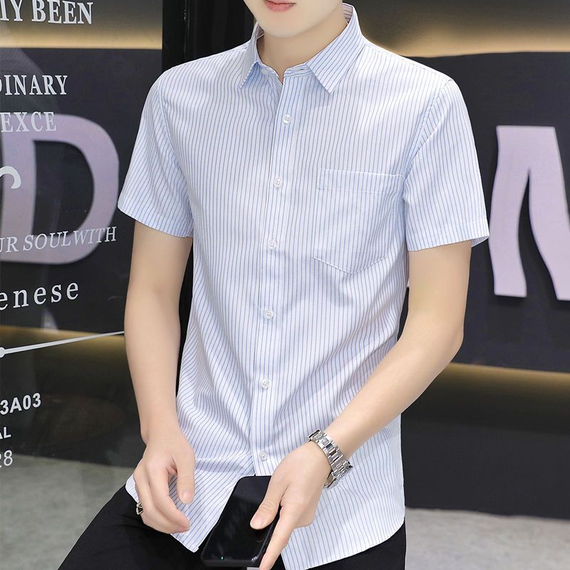 2023 summer new men's cool short-sleeved shirt Korean style trendy shirt with pocket men's striped collared shirt