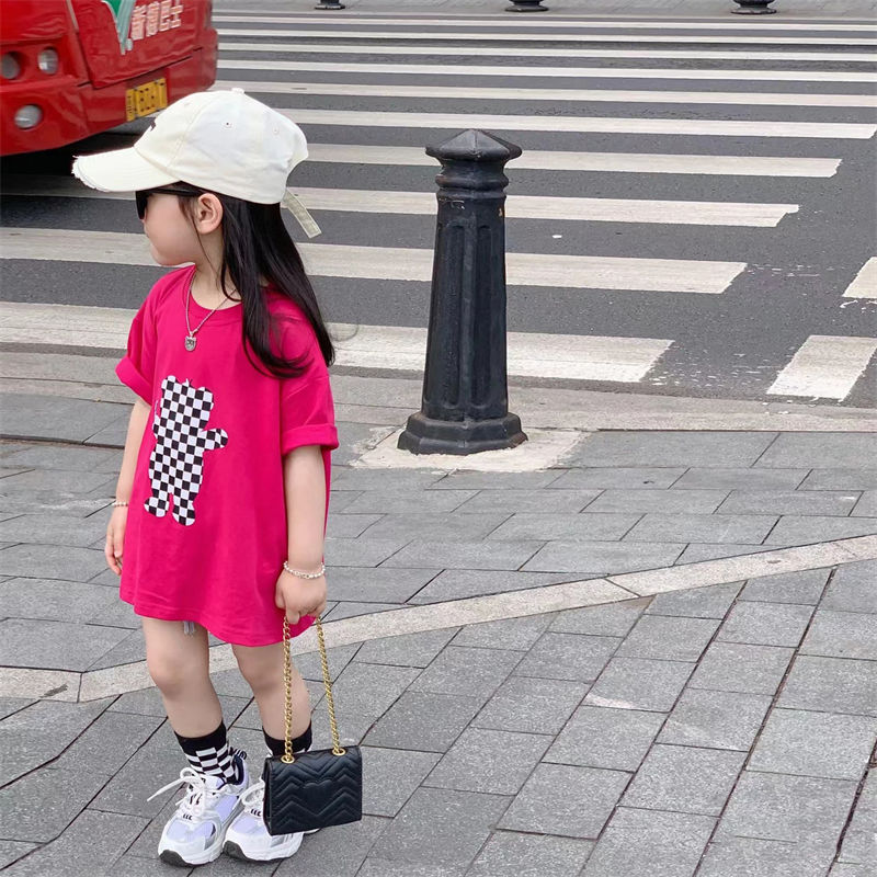 Korean version of girls' cotton t-shirt  summer new loose children's clothing cartoon plaid bear children's short-sleeved top tide