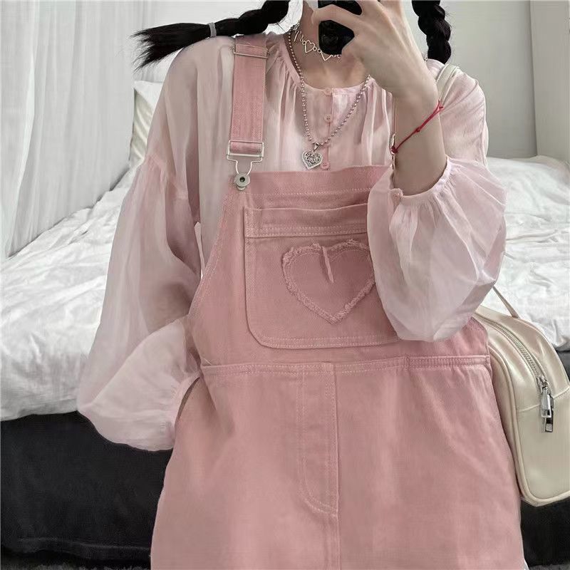  Summer Girl Pink Sweet Skirt Loose Slim Denim Dress New Design Pink Suspender Skirt