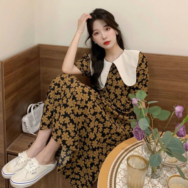 French retro doll collar floral dress female 2022 new Korean version super fairy niche waist mid-length skirt