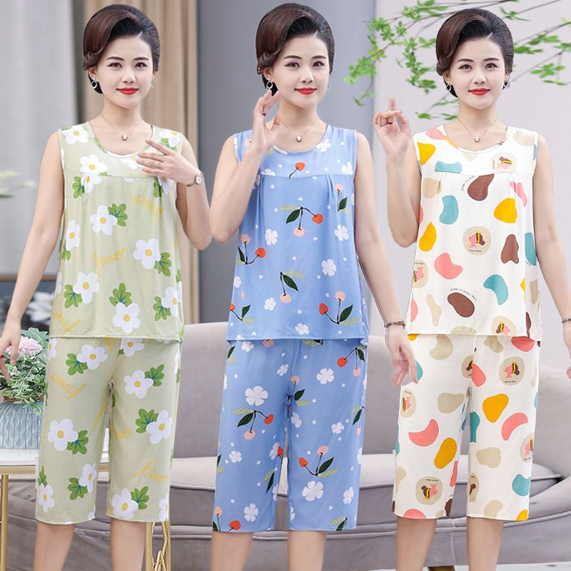Cotton silk pajamas women's summer thin suit middle-aged and elderly mother's artificial cotton short-sleeved trousers home service two-piece set