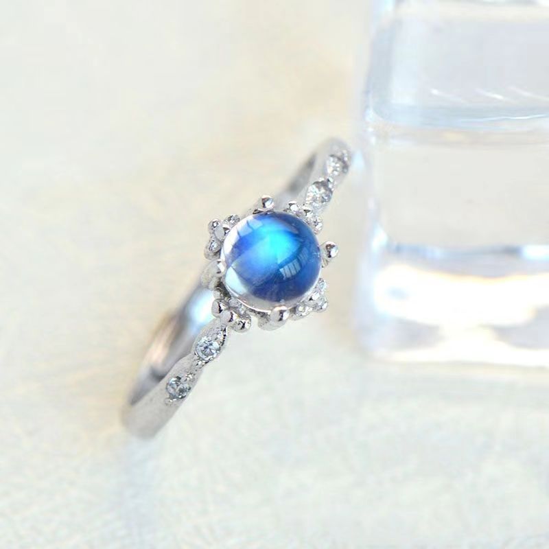 Moonstone S925 Silver Open Strong Blue Light Natural Retro Trend Simple Couple Female Student Tail Ring_voghion.com