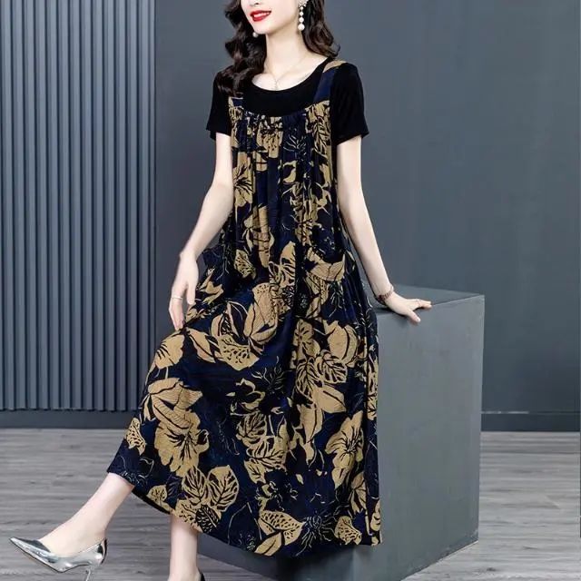 Summer suit fashion foreign style suspenders dress gentle wind long skirt French ladies short-sleeved summer set