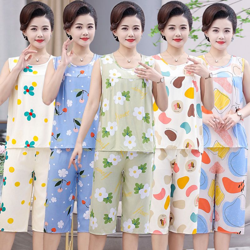 Cotton silk pajamas women's summer thin suit middle-aged and elderly mother's artificial cotton short-sleeved trousers home service two-piece set