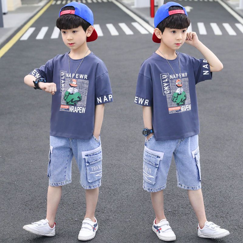 男童套装夏装新款韩版儿童装帅气男孩大童夏天洋气运动两件套牛仔