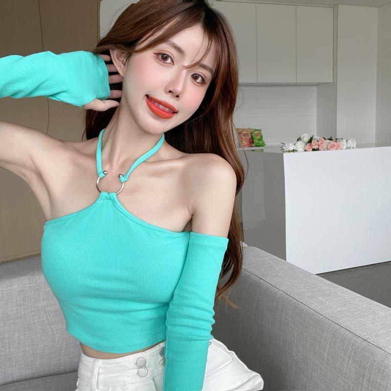 Hot girl design sense niche t-shirt female spring careful machine sexy hanging neck strapless design sense long-sleeved slim top trendy