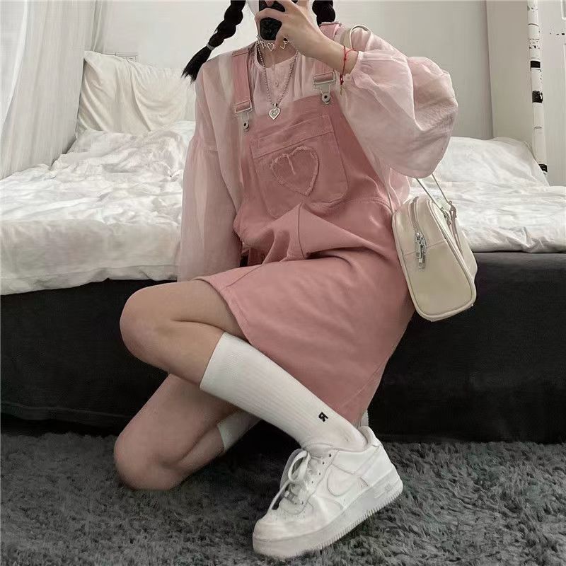  Summer Girl Pink Sweet Skirt Loose Slim Denim Dress New Design Pink Suspender Skirt