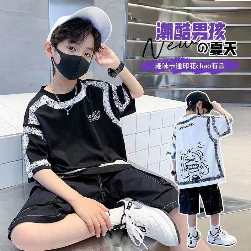 男童夏裝套裝2023新款兒童夏季炸街洋帥氣短袖潮男孩衣服中大童裝