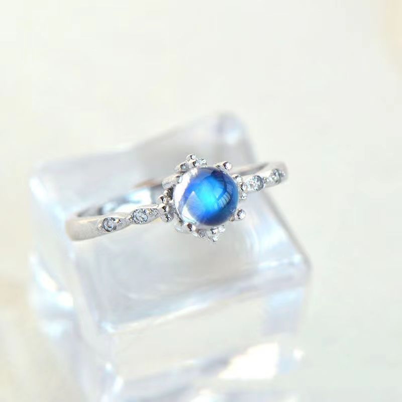 Moonstone S925 Silver Open Strong Blue Light Natural Retro Trend Simple Couple Female Student Tail Ring_voghion.com