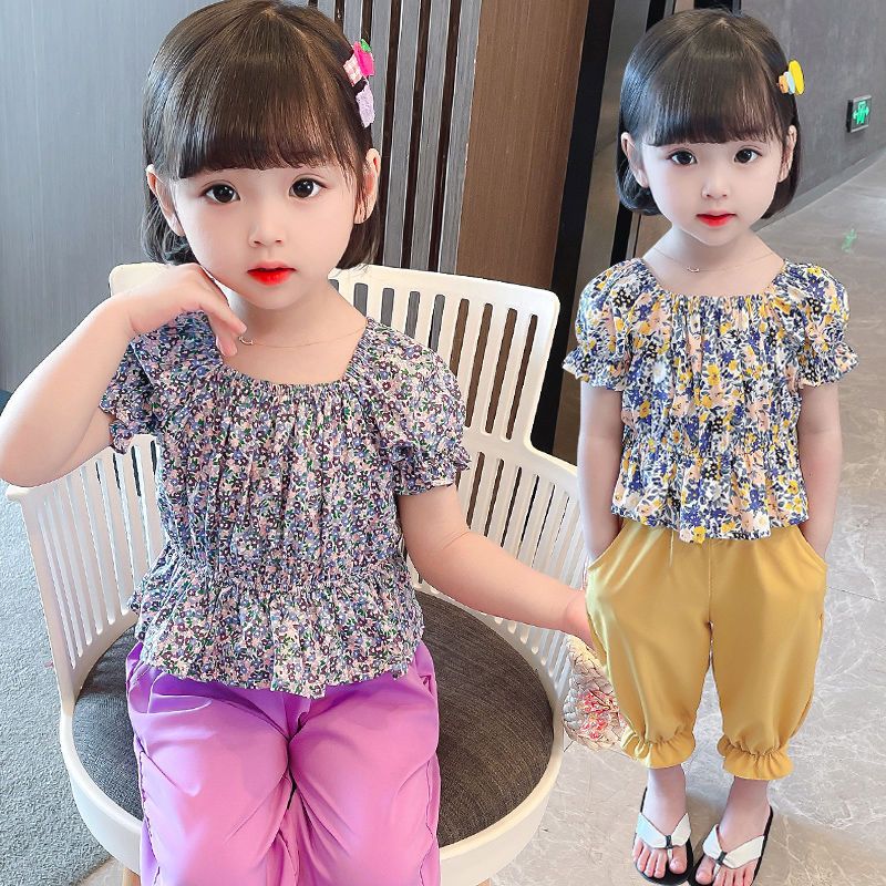 Girls shorts suit summer children's clothing net red short-sleeved summer dress foreign style fashionable two-piece girls kindergarten
