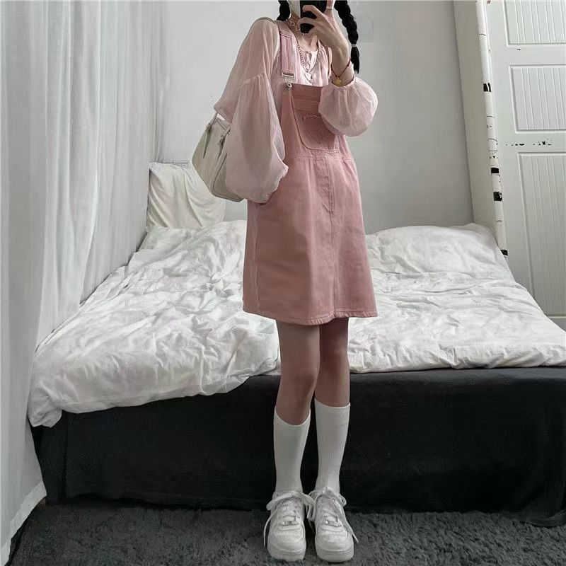  Summer Girl Pink Sweet Skirt Loose Slim Denim Dress New Design Pink Suspender Skirt