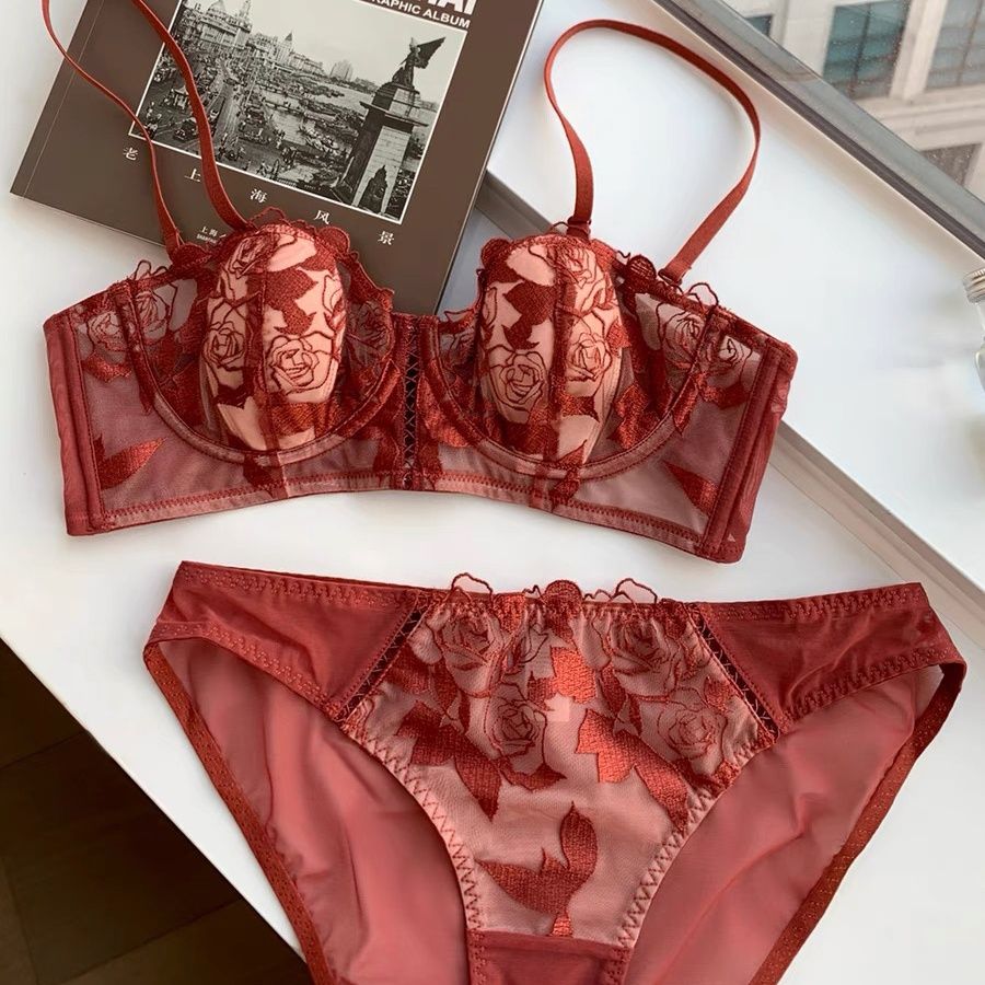 French style rabbit ears lace ultra-thin underwear women's big breasts show small zodiac year red double milk bra set