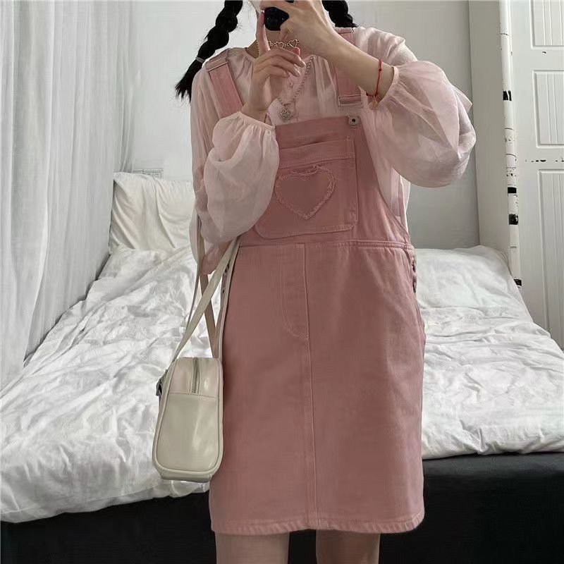  Summer Girl Pink Sweet Skirt Loose Slim Denim Dress New Design Pink Suspender Skirt