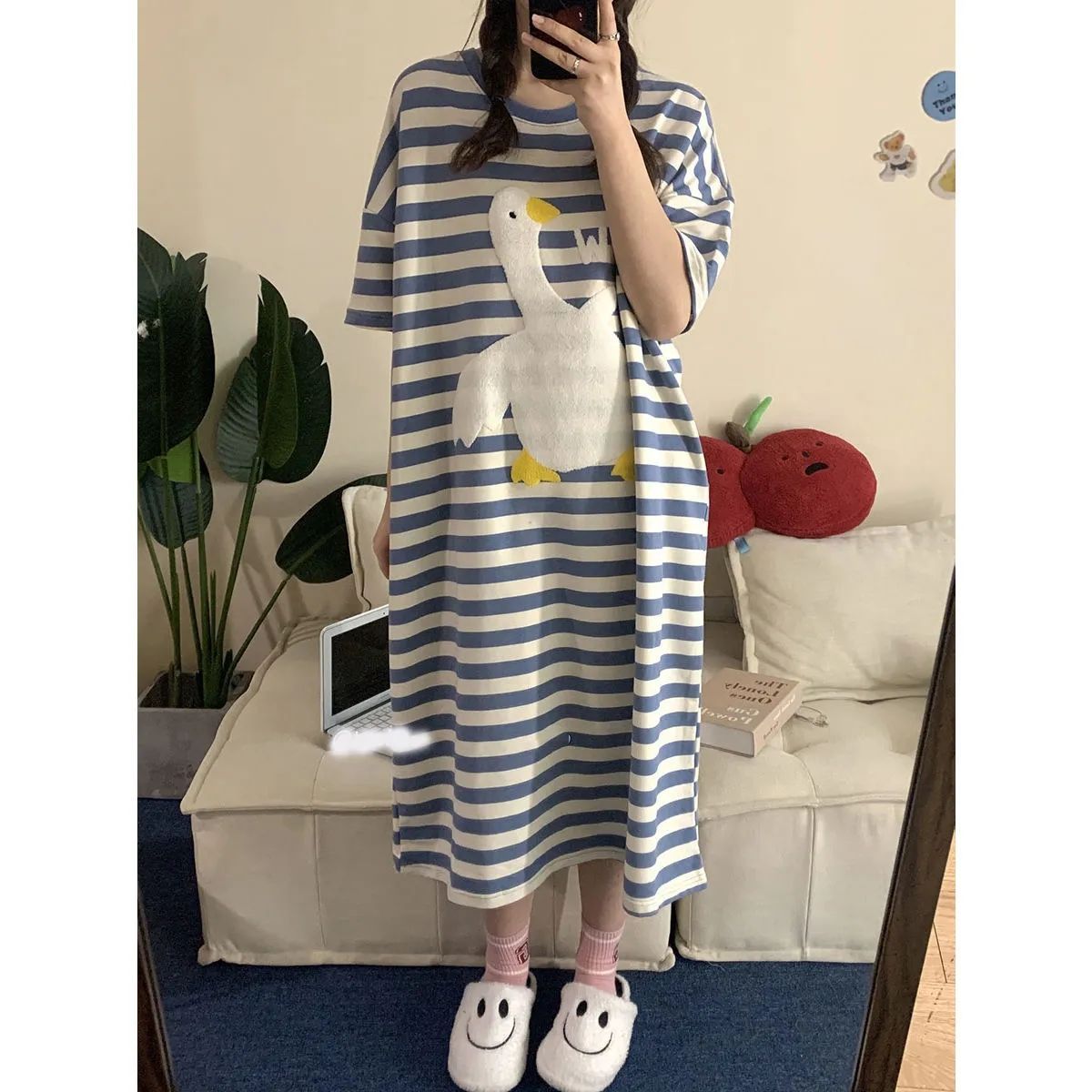 Korean style ins style new pajamas women's summer lengthened nightdress star same style big white goose striped hot style home clothes