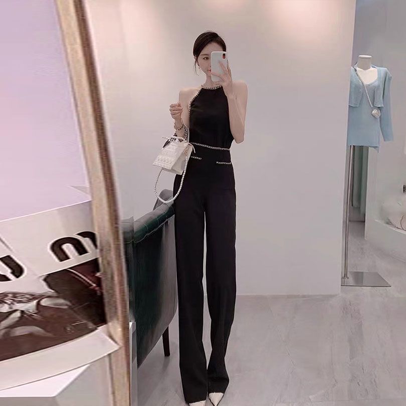 [Spot] Xiaoxiangfeng sling chain jumpsuit temperament design high-end long wide-leg pants  new