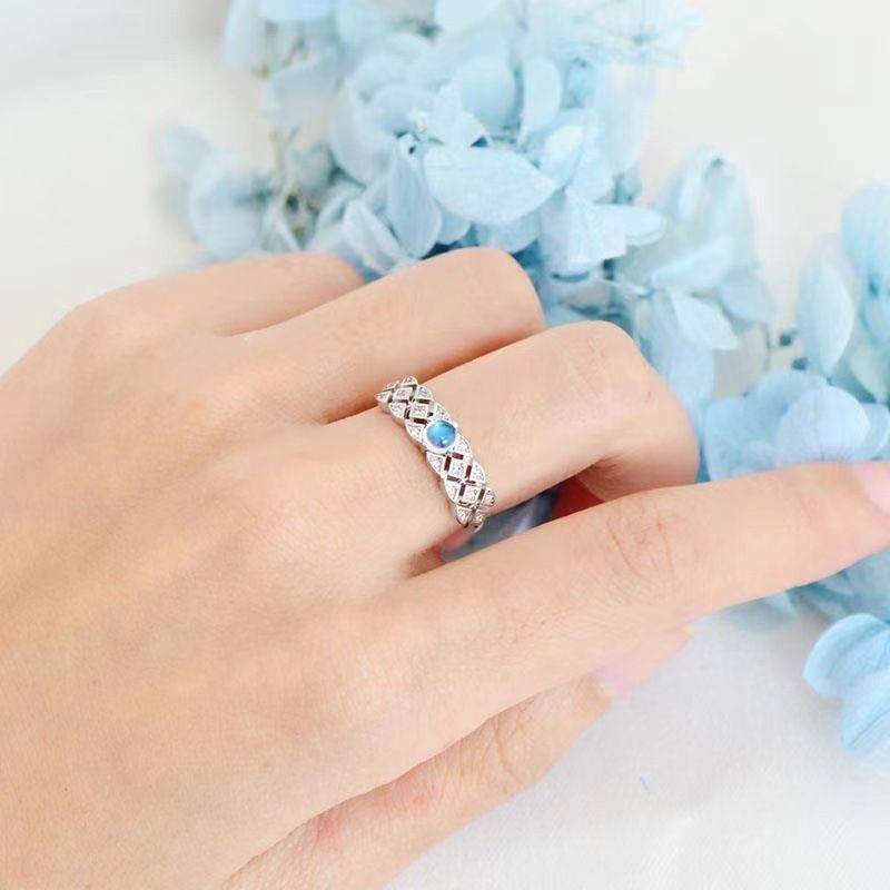 New Sri Lankan Blue Moonstone S925 Silver For Women Natural Ice Type Vintage Style Open Trendy Ring_voghion.com