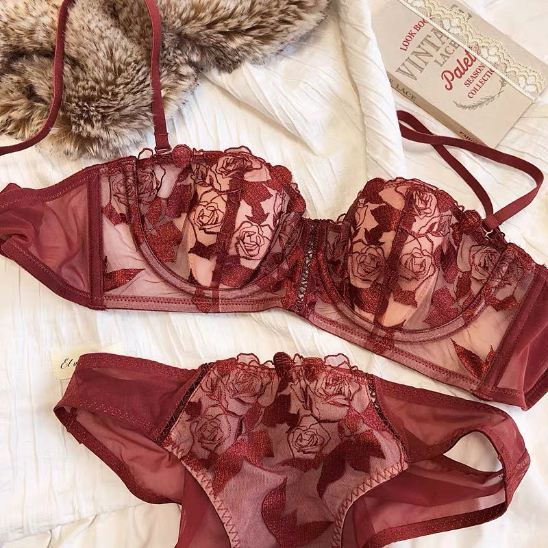 French style rabbit ears lace ultra-thin underwear women's big breasts show small zodiac year red double milk bra set