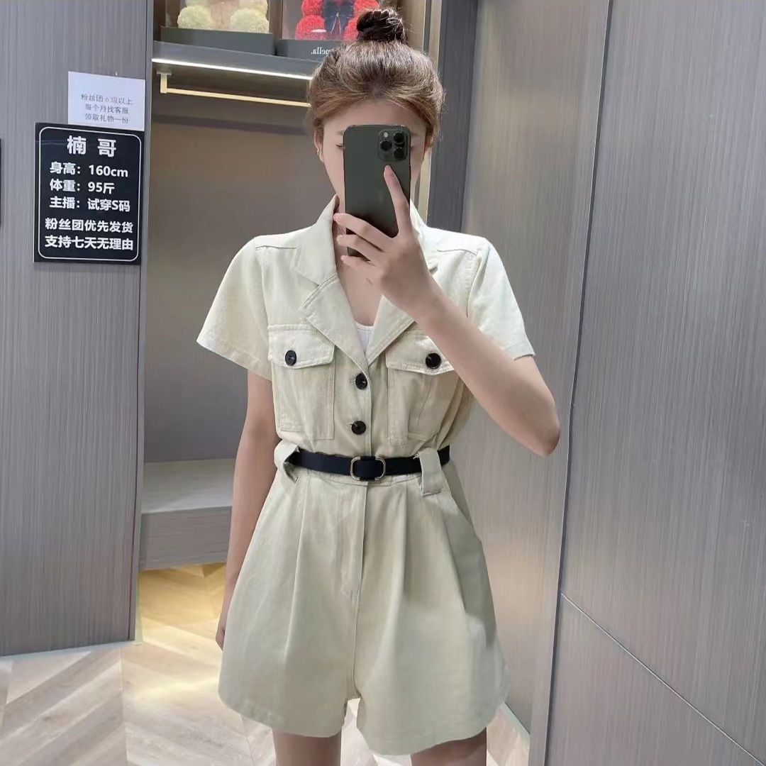 Small one-piece women's 2022 summer new fashion high and thin retro short sleeve work clothes one-piece pants trend