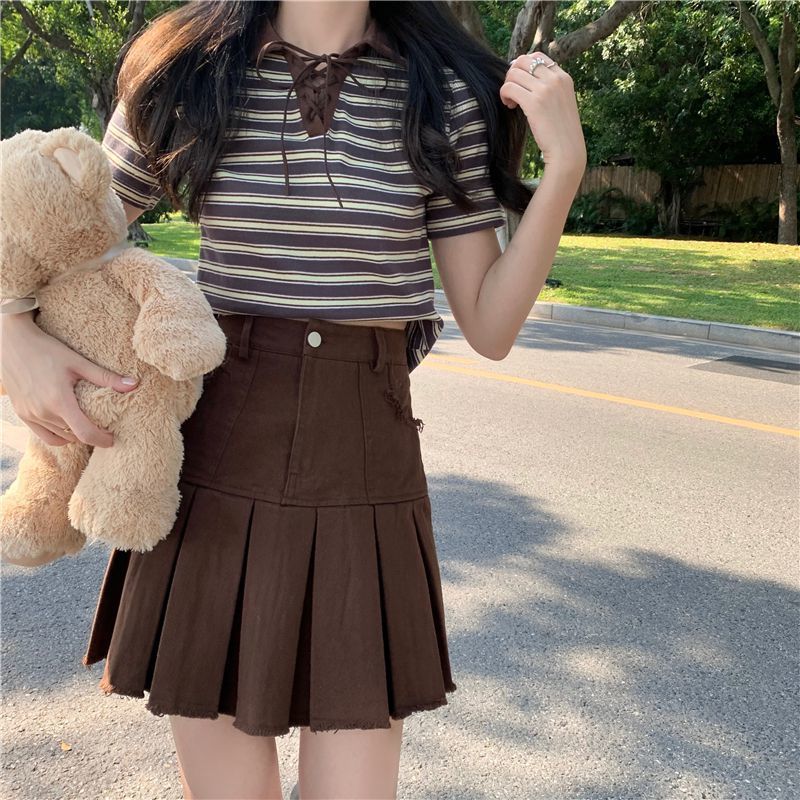 撞色Polo領條紋T恤女復古美式辣妹短款顯瘦短袖上衣+棕色半身裙女