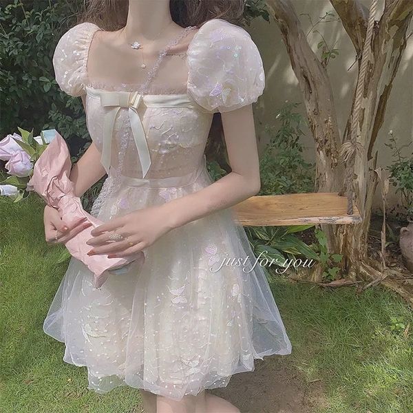 Summer French Super Fairy Square Neck Bow Knot Puff Sleeve Dress Temperament Retro Niche Age Reducing Mesh Princess Dress