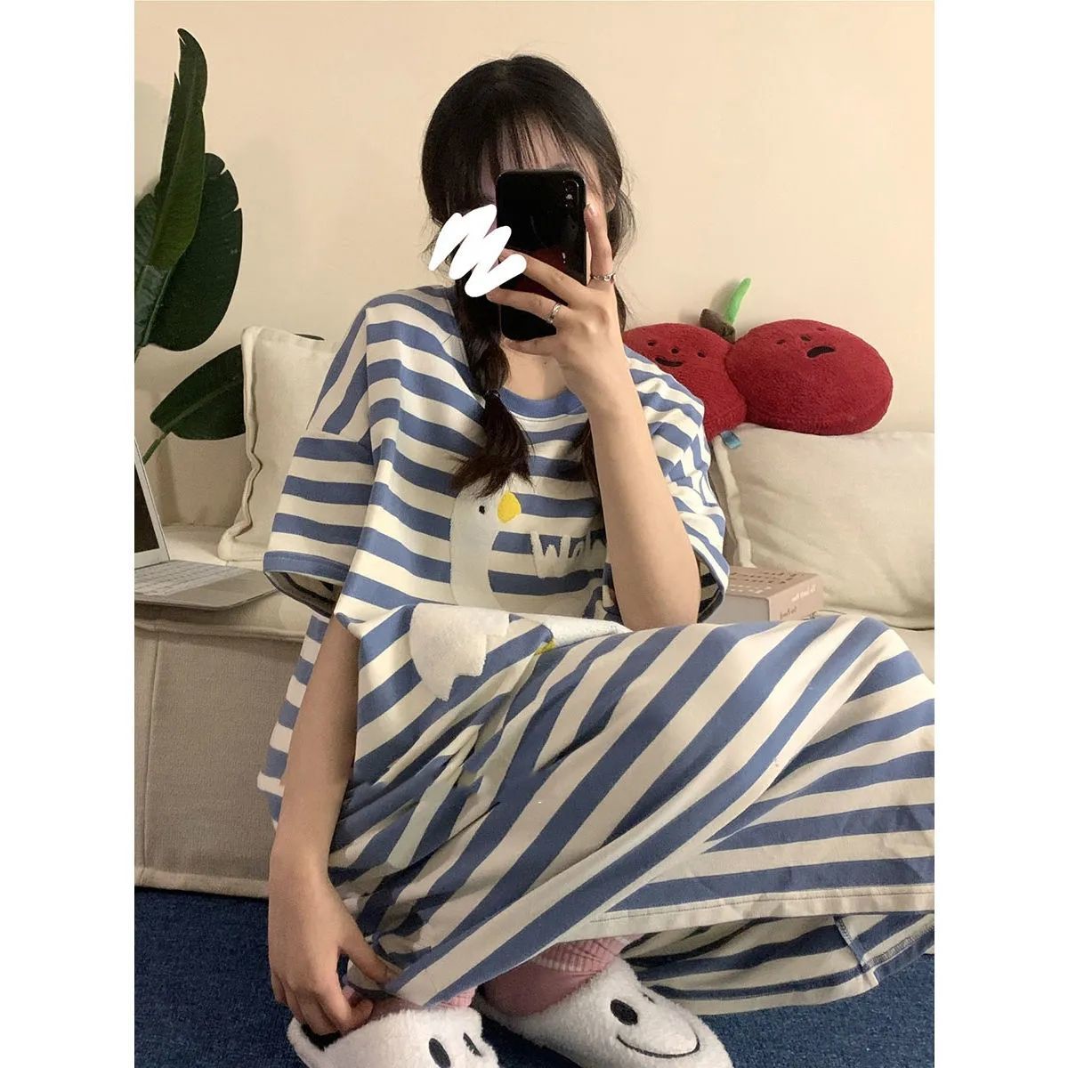 Korean style ins style new pajamas women's summer lengthened nightdress star same style big white goose striped hot style home clothes