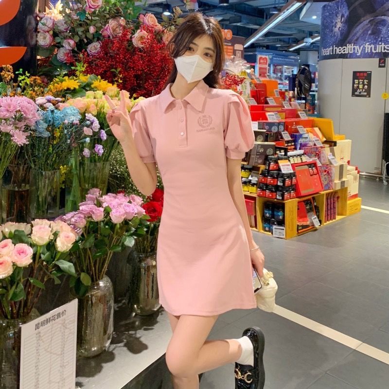 Pink polo dress summer high-end sense 2023 new puff sleeve first love fairy niche bag hip skirt