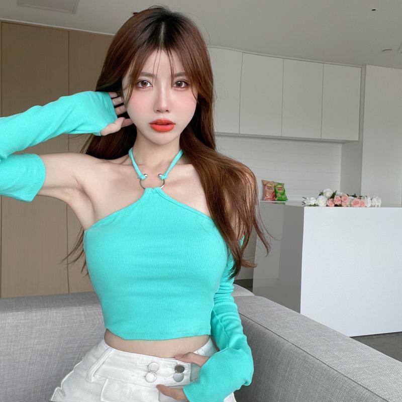 Hot girl design sense niche t-shirt female spring careful machine sexy hanging neck strapless design sense long-sleeved slim top trendy