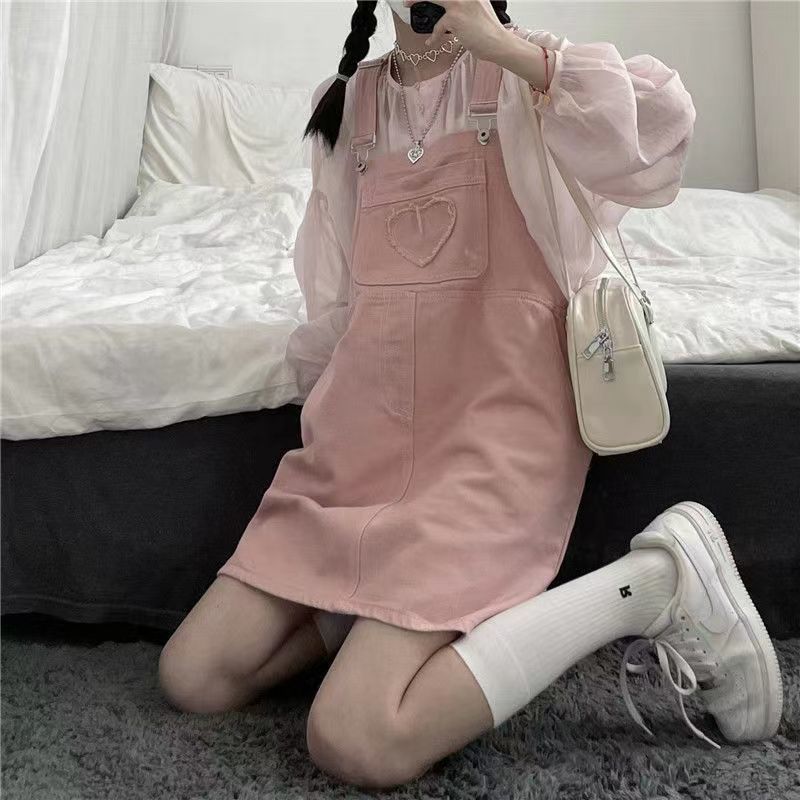  Summer Girl Pink Sweet Skirt Loose Slim Denim Dress New Design Pink Suspender Skirt