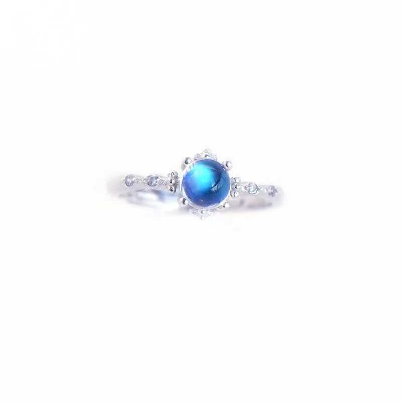 Moonstone S925 Silver Open Strong Blue Light Natural Retro Trend Simple Couple Female Student Tail Ring_voghion.com