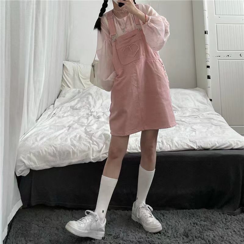  Summer Girl Pink Sweet Skirt Loose Slim Denim Dress New Design Pink Suspender Skirt