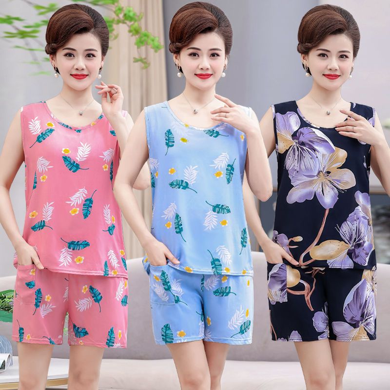 Summer Women's Cotton Silk Pajamas Sleeveless Shorts Homewear Suit Mother Wear Artificial Cotton Thin Section Loose Large Size Pajamas