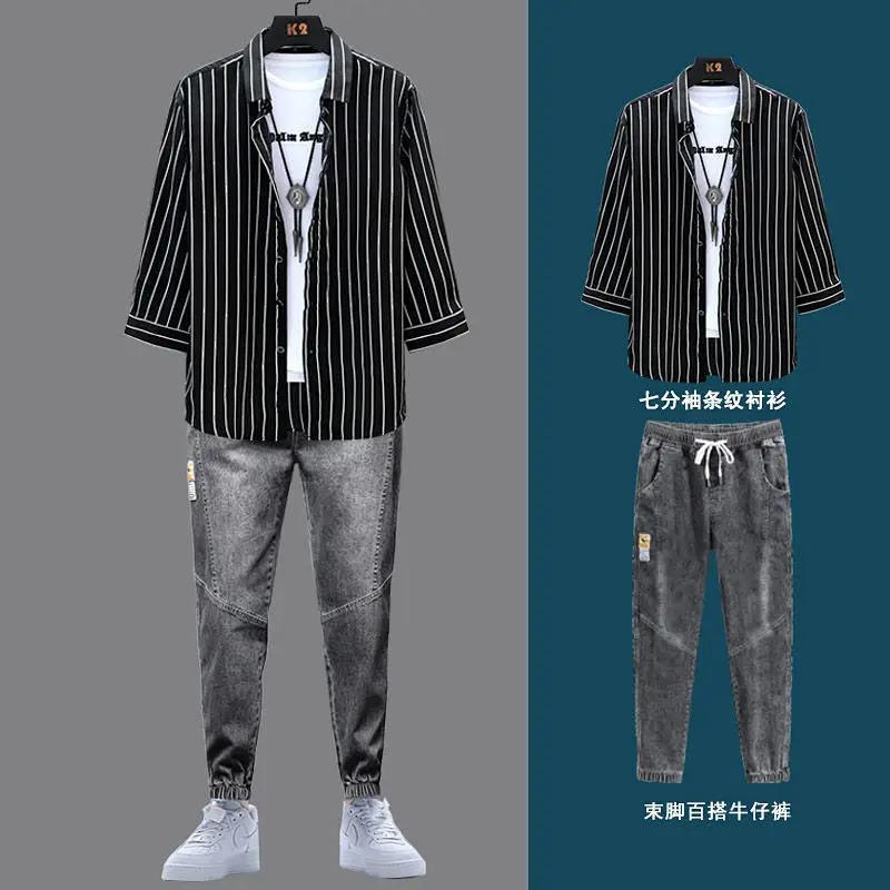 Striped shirt men's summer suit 2021 new men's suit with a handsome three-piece shirt with three-quarter sleeves