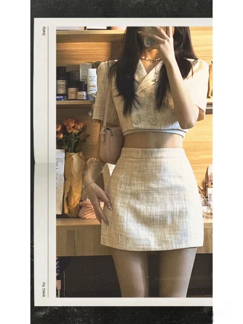 Suit women's 2022 summer new style small fragrant wind puff sleeve short suit top high waist skirt two-piece set