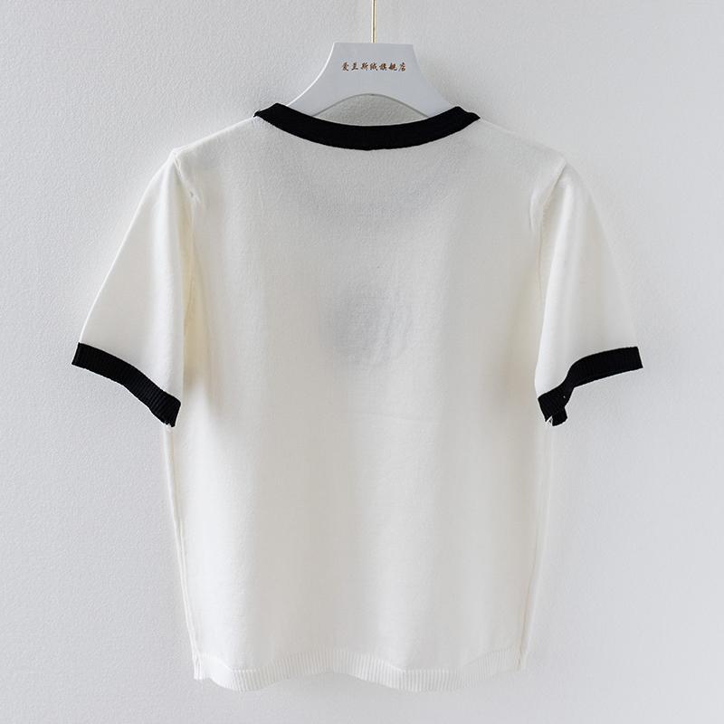 针织短袖刺绣t恤女年夏季新款黑色短款设计感小众白色ins上衣