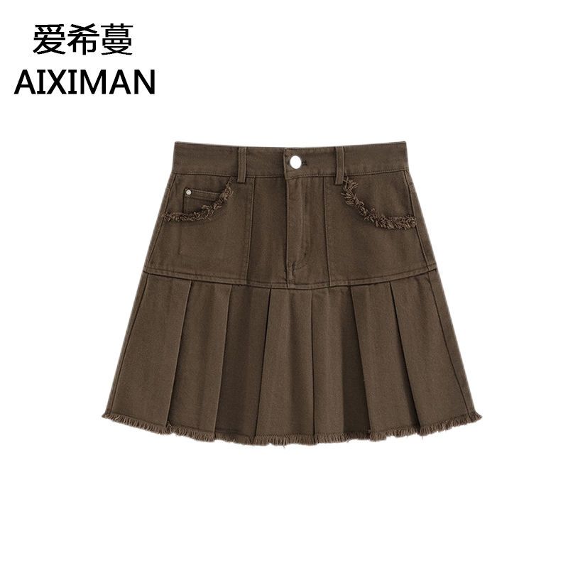 Spice girl brown denim skirt female ins summer 2023. New design sense niche raw edge pleated skirt