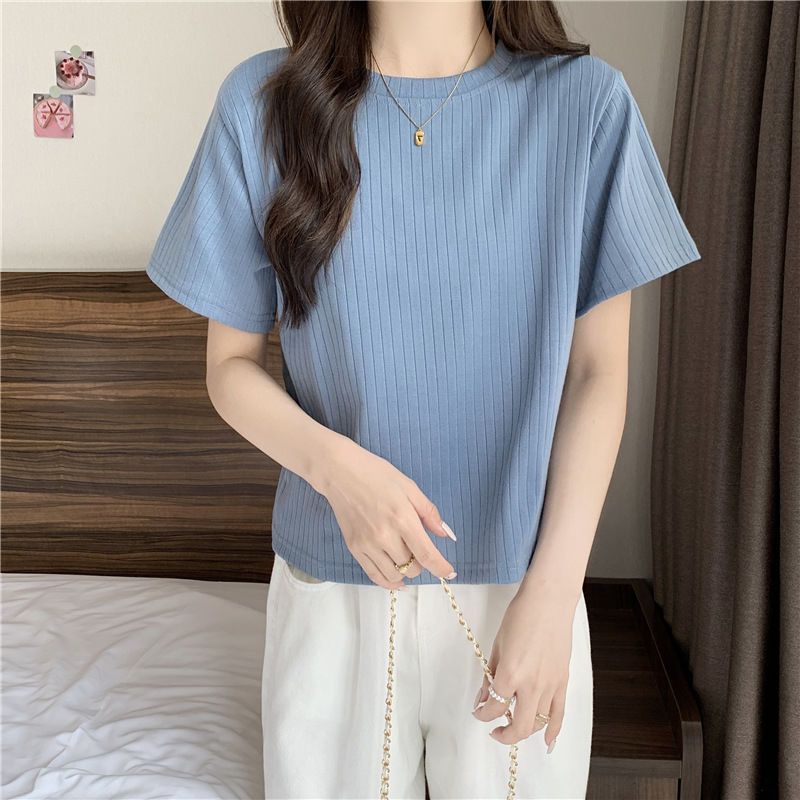 Ins super fire pit strip short-sleeved T-shirt female 2023 summer new loose all-match thin section small student clothes